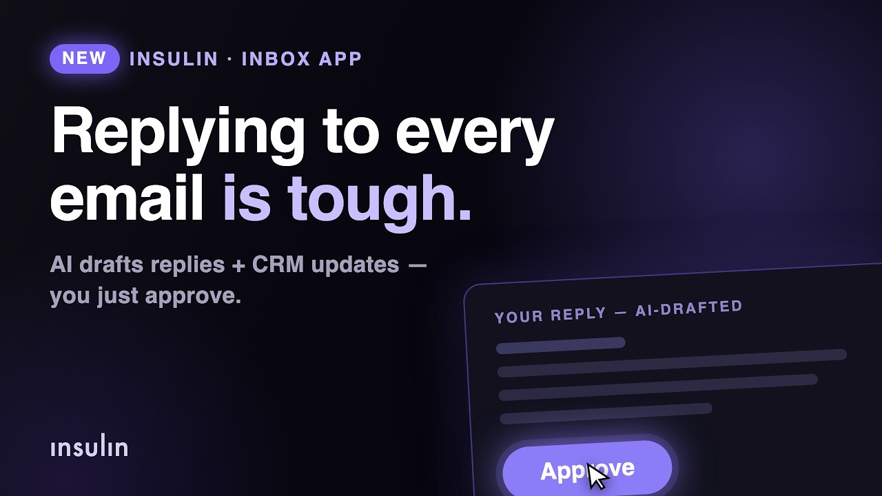 Video title card reading “Replying to every email is tough” beside the Insulin Inbox App showing an AI-drafted reply and an Approve button